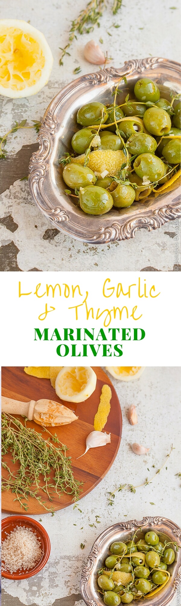 Plump green Sicilian olives are marinated in lemon zest and juice, garlic and thyme for a totally addictive and delicious treat. | Click for the recipe