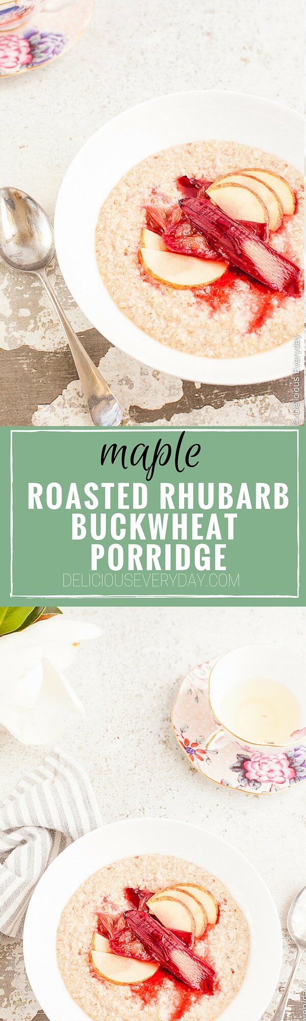 Maple Roasted Rhubarb Buckwheat Porridge Recipe - Ruby hued rhubarb is roasted in maple syrup until soft and luscious and served on a bed of apple buckwheat porridge for a healthy and satisfying way to start your day. | click for the recipe