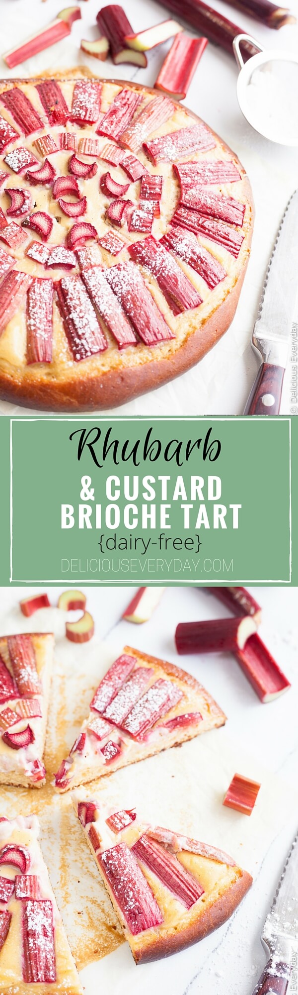 Rhubarb & Custard Brioche {dairy free} recipe - Sharp sweet tender pink rhubarb sits atop a thick vanilla bean custard and a brioche base for the most decadent way to kickstart a weekend brunch! | click for the recipe