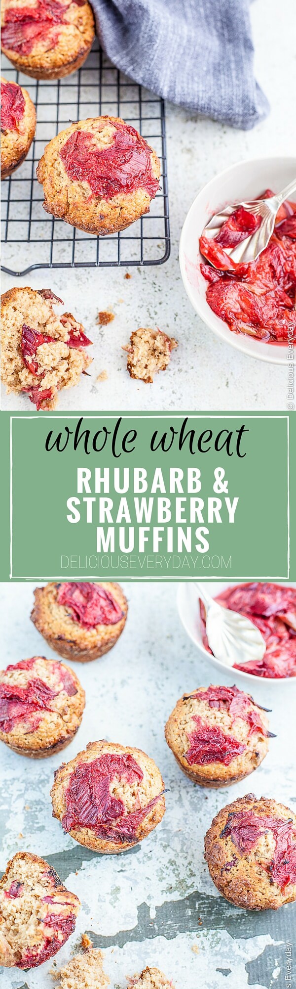 Rhubarb and Strawberry Whole Wheat Muffins - delicious roasted strawberries and rhubarb come together with whole wheat spelt flour and a rhubarb and strawberry compote for a decadent weekend breakfast. Freshly baked muffins for breakfast. Yes please!