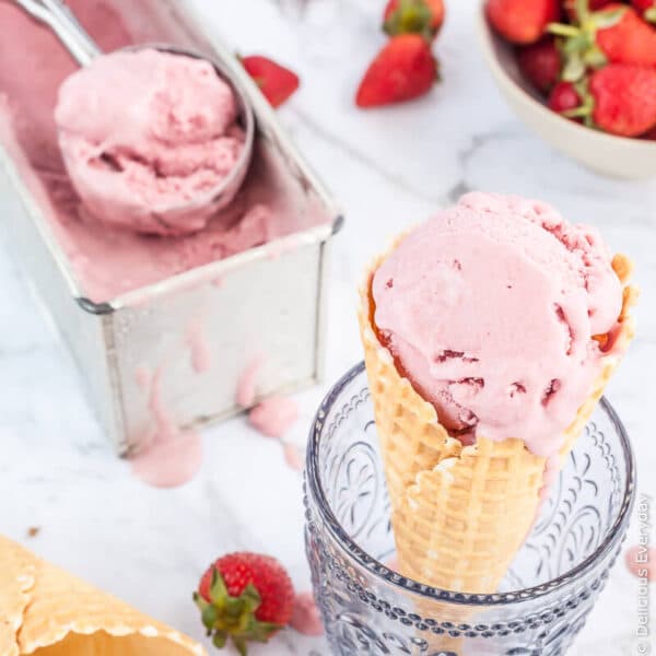 Vegan Strawberry Ice Cream Recipe - no bananas, no coconut and so creamy and delicious you'd never know its dairy free.