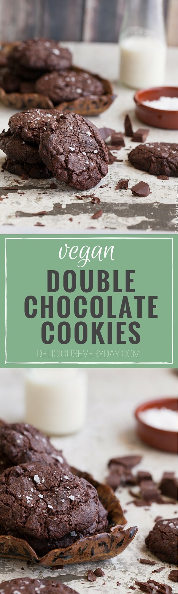 Jam packed with shaved dark chocolate and topped with flaky sea salt these vegan chocolate cookies are chewy, gooey and totally decadent. 