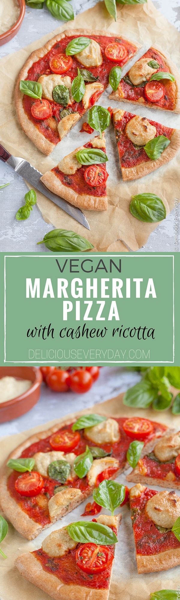 With this Vegan Pizza Recipe you can enjoy all the flavours of the Italian classic, the Margherita pizza. Topped with tomatoes and basil and a creamy cashew ricotta this cheeseless pizza is sure to be a hit! | Click for the recipe