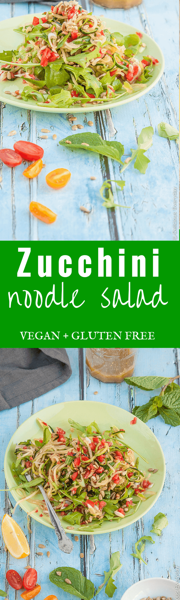 Zucchini Noodle Recipe - this vegan salad is packed full of veggie goodness with zucchini noodles, tomato, mint and more. | Get the recipe at DeliciousEveryday.com